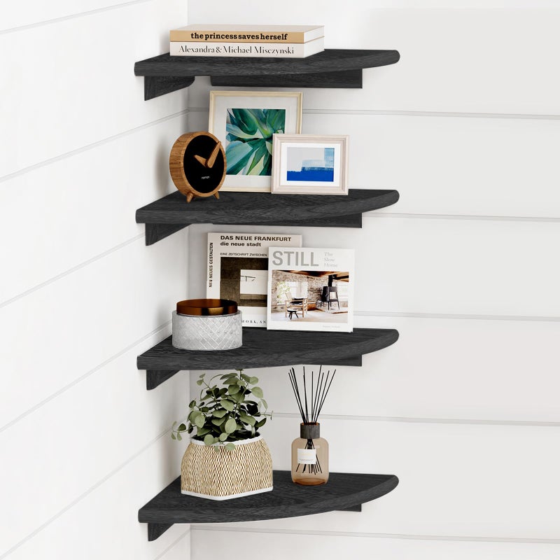 Forbena Black Corner Floating Shelves for Wall Set of 4  Small Rounded Corner Shelves Wall Mount for Bedroom Books  Mini Wood Hanging Corner Shelf for Bathroom Decor  Living Room  Small Spaces - Image 1